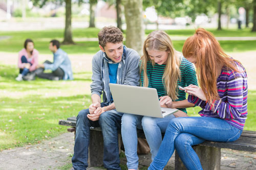 Group of young college students using laptop in the park
